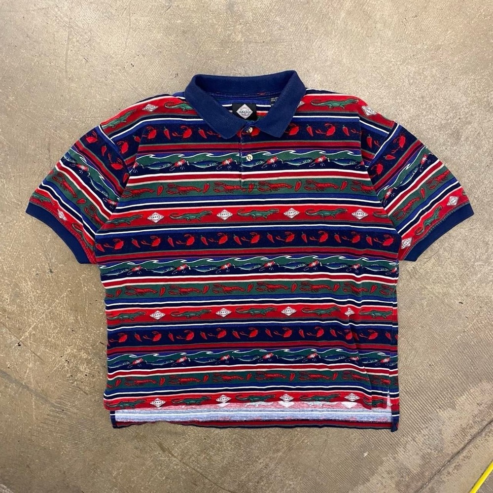 Vintage Tabasco Hot Sauce AOP Golf Polo Shirt 90s Size Large
